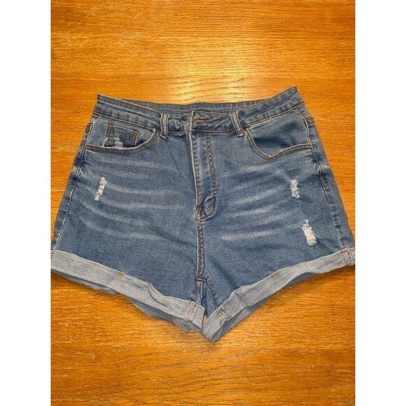 Denim Distressed High-Waist Womens Shorts With Rolled Cuffs - Picture 1 of 4